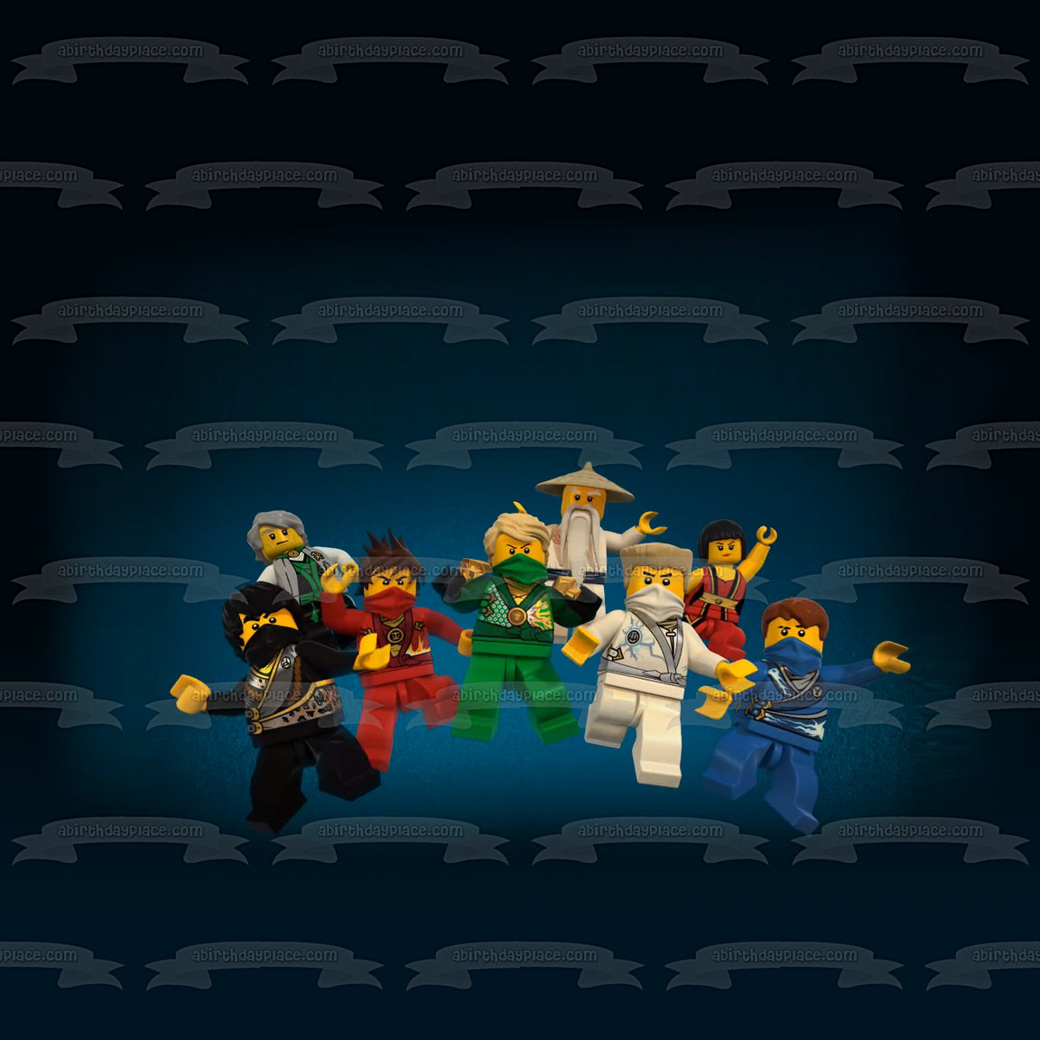 LEGO Ninjago Maestros del Spinjitzu Ranger Rojo Ranger Azul Ranger Negro Ranger Verde Maestro Wu Decoración comestible para tarta Imagen ABPID27775 