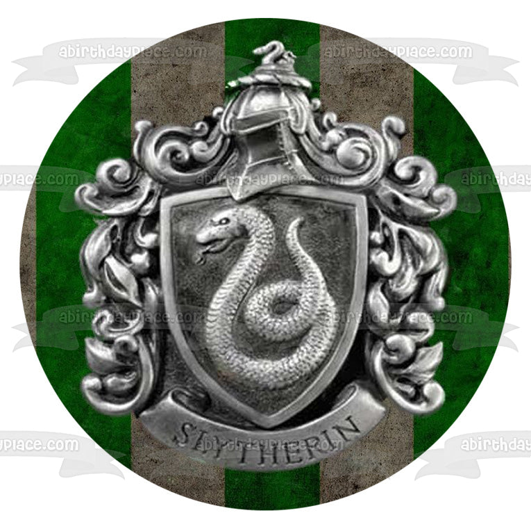 Harry Potter Slytherin Escudo plateado Fondo de rayas verdes Imagen comestible para decoración de tarta ABPID27814 