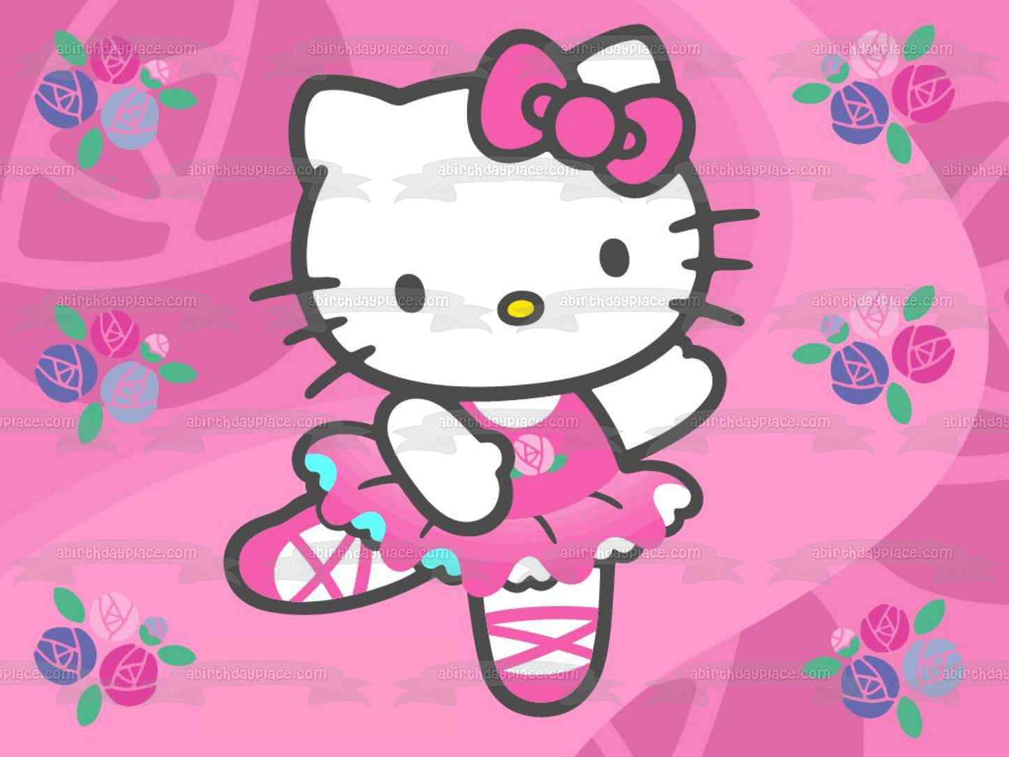 Hello Kitty White Ballerina Outfit Flowers Pink Background Edible Cake Topper Image ABPID27834