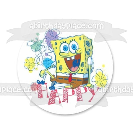 Adorno comestible para tarta con flores de Bob Esponja, imagen ABPID28040 