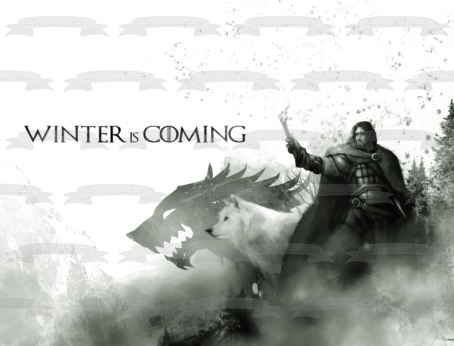 Juego de Tronos Jon Snow Se acerca el invierno Imagen de decoración comestible para tarta en blanco y negro ABPID49784 