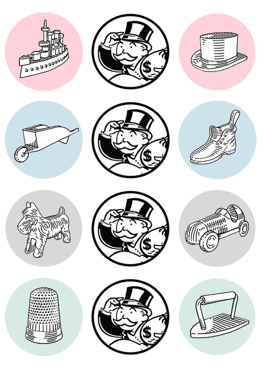 Monopoly Game Pieces Hat Shoe Ship Wheelbarrow Car Thimble Iron Edible Cupcake Topper Images ABPID49805