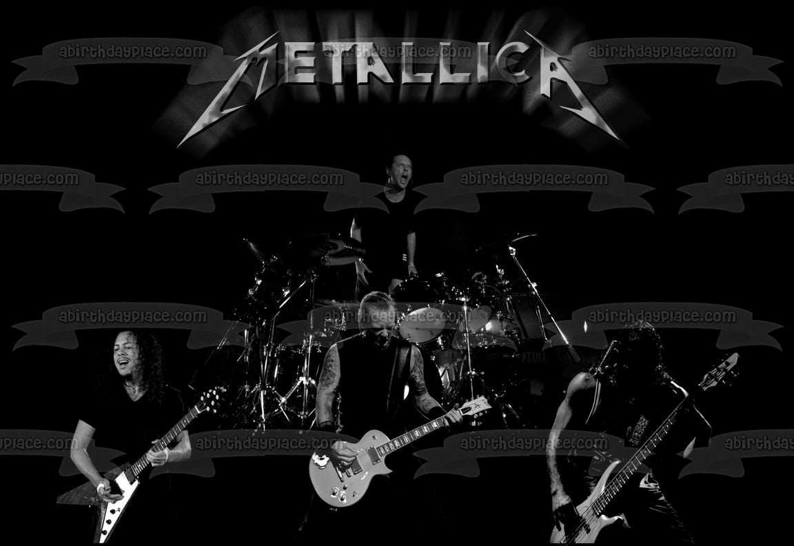 Metallica Rock Band James Hetfield Lars Ulrich Clliff Burton Kirk Hammett Decoración comestible para tarta en blanco y negro Imagen ABPID49819 