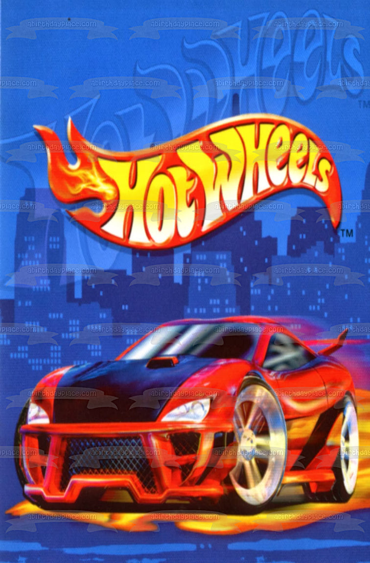 Logotipo de Hot Wheels, coche deportivo rojo, fondo azul, decoración comestible para tarta, imagen ABPID49840 