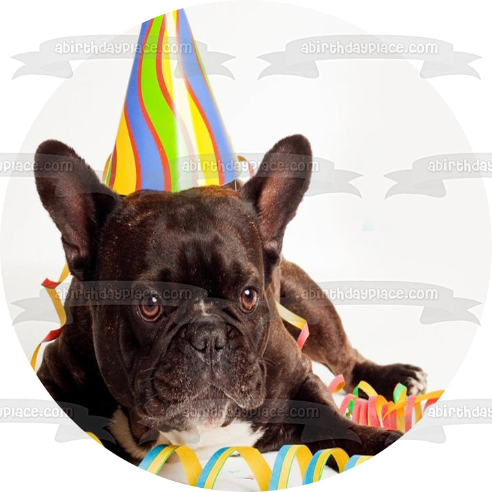 Round French Bulldog Happy Birthday Edible Cake Topper Image ABPID50247