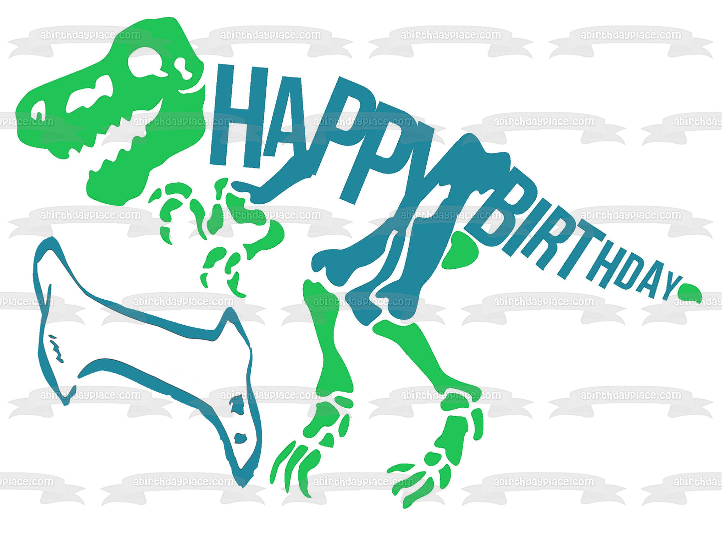 Green and Blue Dinosaur Skeleton Happy Birthday Blue Bone Edible Cake Topper Image ABPID50289