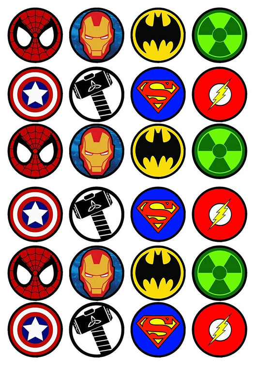 Superhero Logos DC Marvel Iron Man Spider-Man Super Man Thor the Flash Green Lantern Captain America Batman Edible Cupcake Topper Images ABPID50389