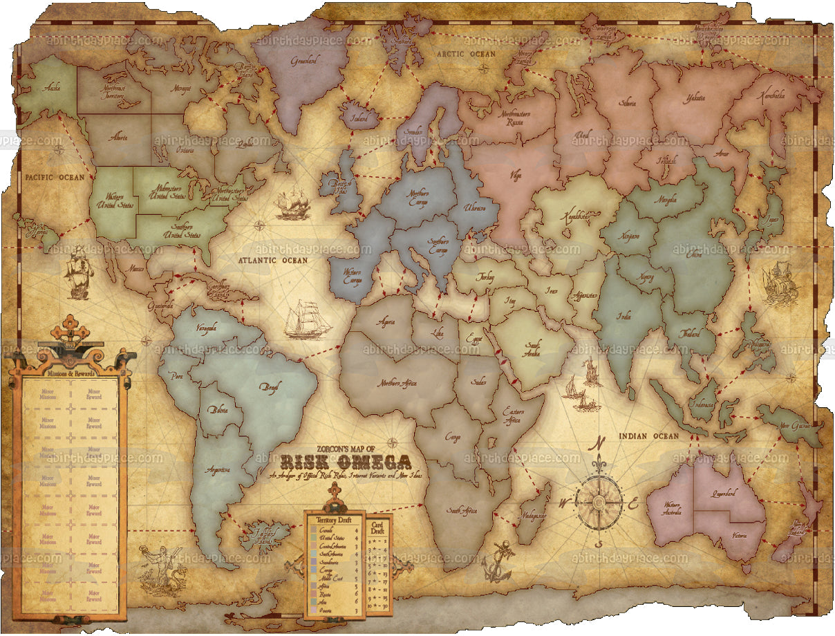 Juego de riesgo, mapa de tablero, países, juego clásico, juego familiar, noche, decoración comestible para tarta, imagen ABPID50394 