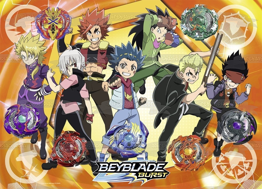 Beyblade Burst Battle Vault Aoi Wakiya Murasaki Shu Kurenai Rantaro Kiyama Daigo Kurogami Imagen comestible para tarta ABPID50401 