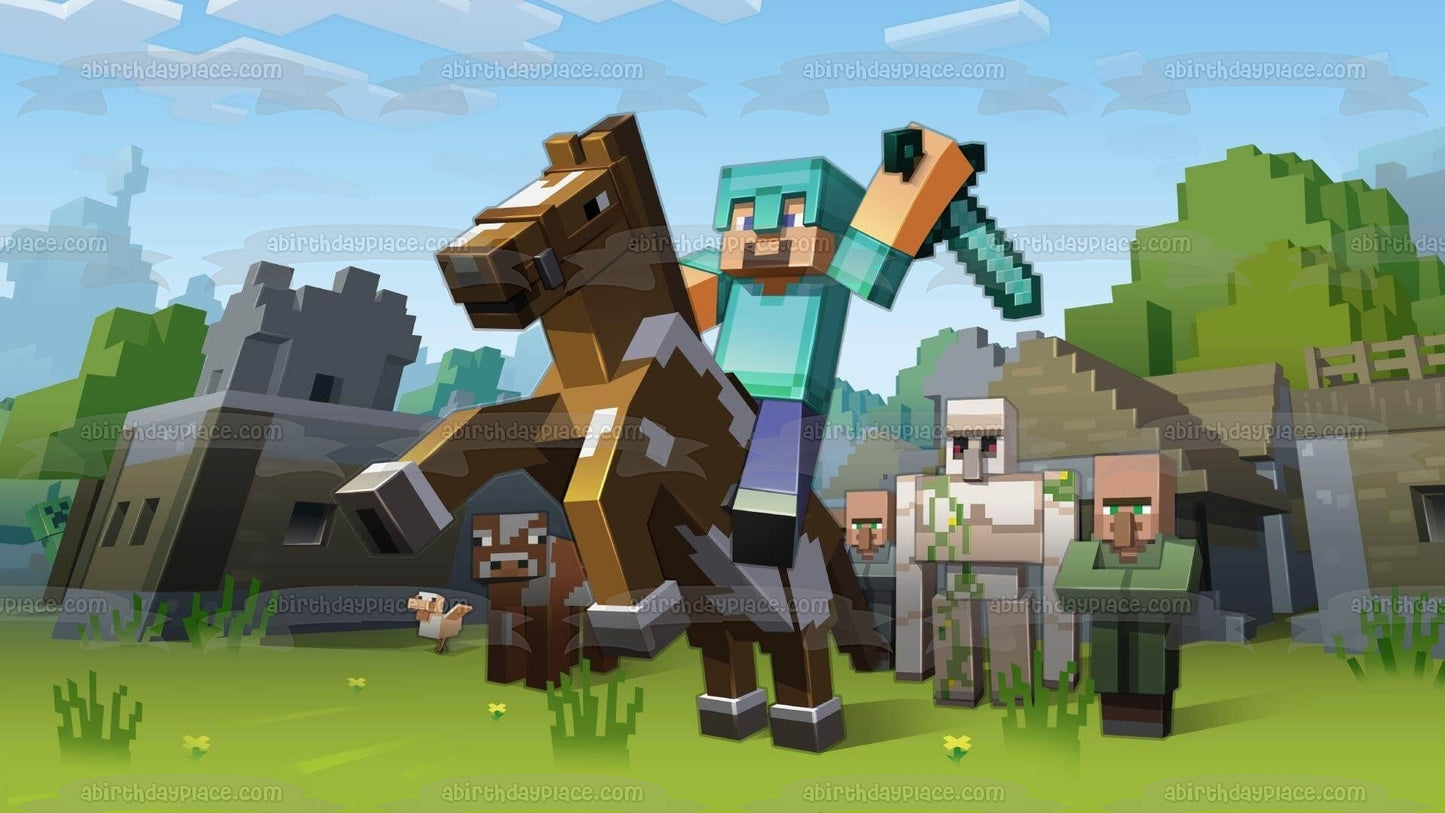 Minecraft Caballo Pixel Espada Edible Cake Topper Imagen ABPID50485 