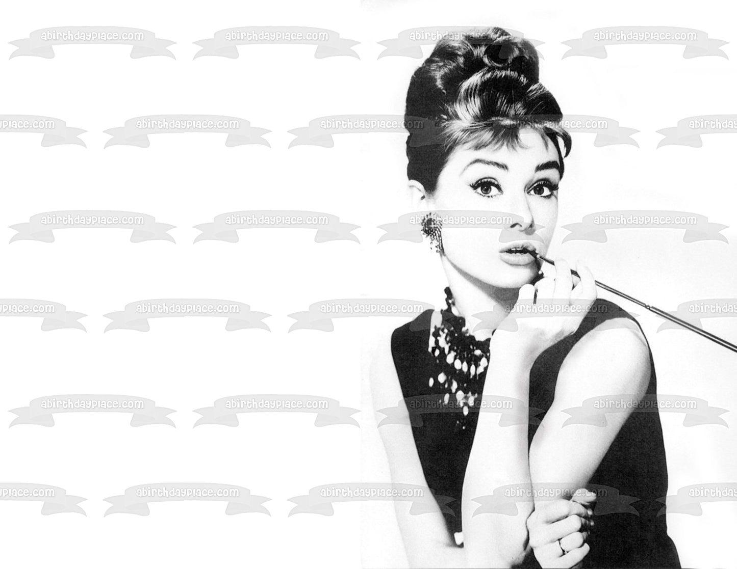 Audrey Hepburn Desayuno en Tiffany's Decoración comestible para tarta en blanco y negro Imagen ABPID50512 