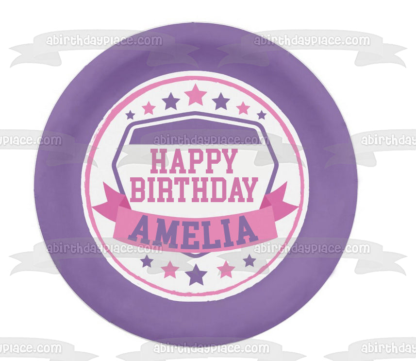 American Ninja Warrior Pink Purple White Stars Banner Round Edible Cake Topper Image ABPID50708