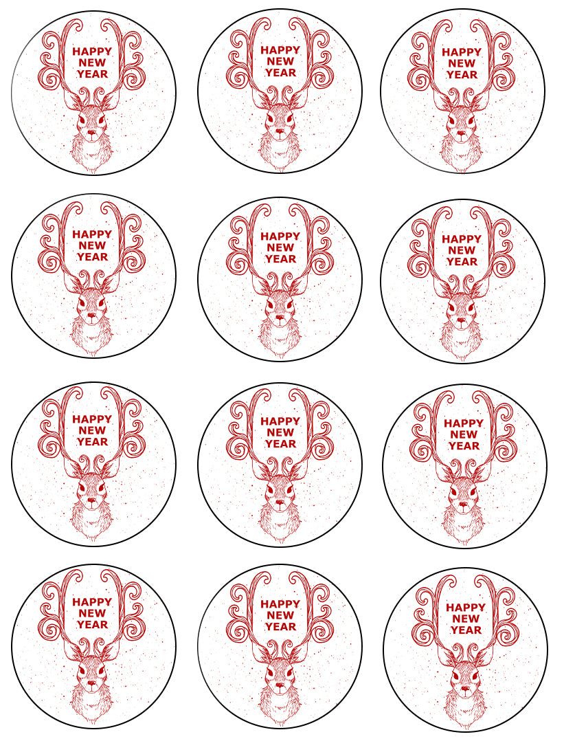 Happy New Year Deer Red Festive Holiday 12 Count Edible Cupcake Topper Images ABPID50752