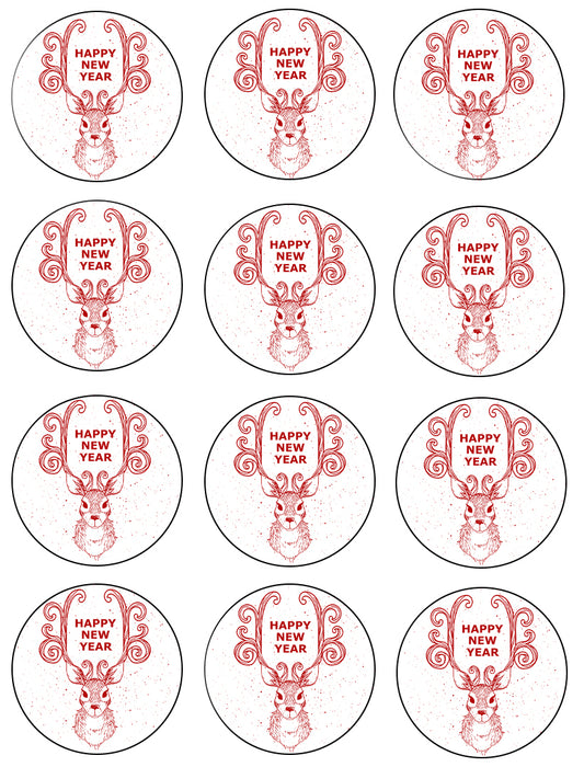 Happy New Year Deer Red Festive Holiday 12 Count Edible Cupcake Topper Images ABPID50752