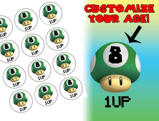 1up Mushroom Mario Fiesta de cumpleaños Edad personalizable Imágenes comestibles para cupcakes ABPID50798 