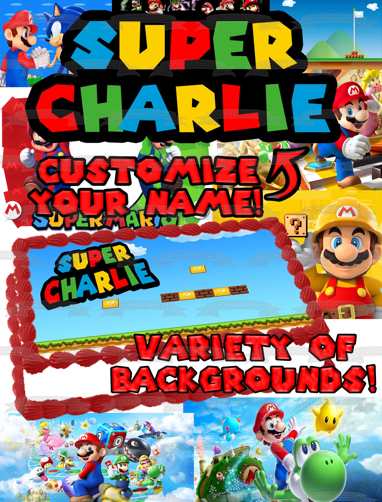 Imagen de decoración comestible para tarta personalizable con fuente de Mario ABPID50805 