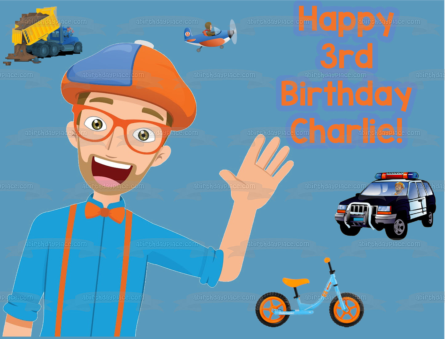 Blippi Youtube Youtuber Transporte Avión Volquete Coche De Policía Bicicleta Personalizada Comestible Cake Topper Imagen ABPID50826 