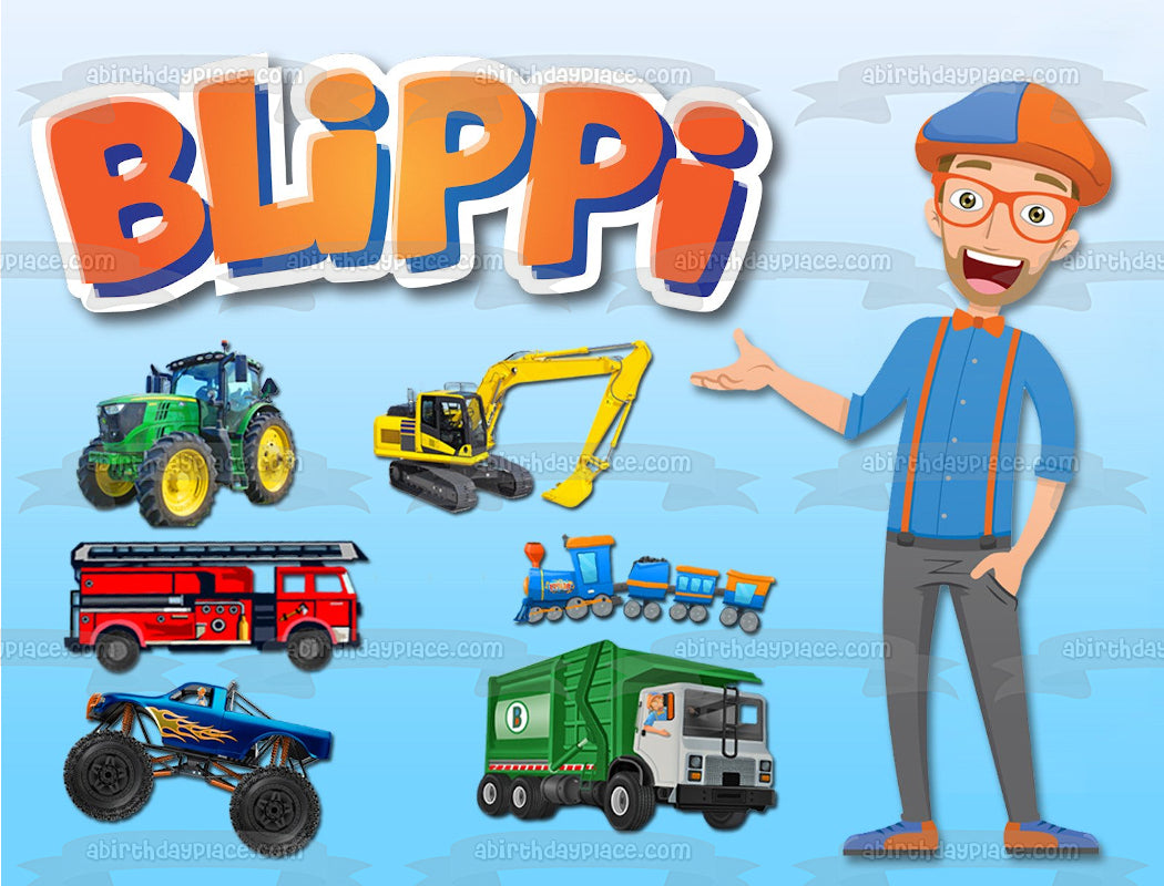 Blippi Youtube Youtuber Transporte Tractor Excavadora Camión De Bomberos Tren Monster Truck Camión De Basura Edible Cake Topper Imagen ABPID50827 