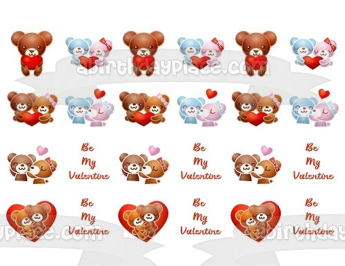 Feliz día de San Valentín Be My Valentine Osos de peluche y corazones Adorno comestible para tarta Imagen ABPID50842 