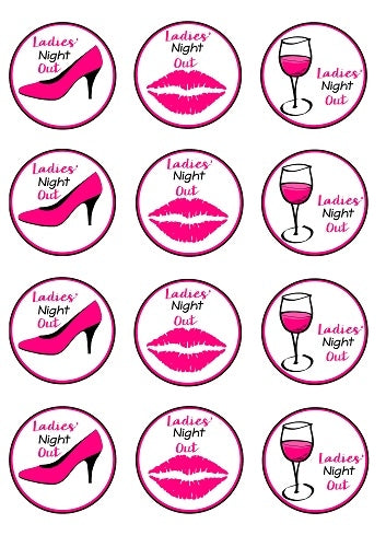 Ladies' Night Out Pink High Heel Shoe Stiletto Kiss Lips Pink Wine Glass Edible Cupcake Topper Images ABPID50868