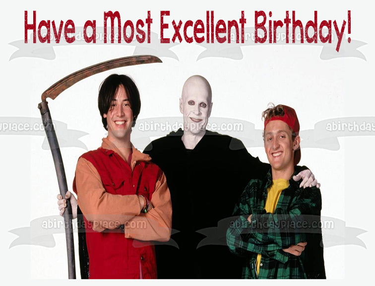 El falso viaje de Bill y Ted Bill Preston Theodore Logan William S. Preston Muerte Que tengas un cumpleaños excelente Feliz cumpleaños Adorno comestible para tarta Imagen ABPID51046 