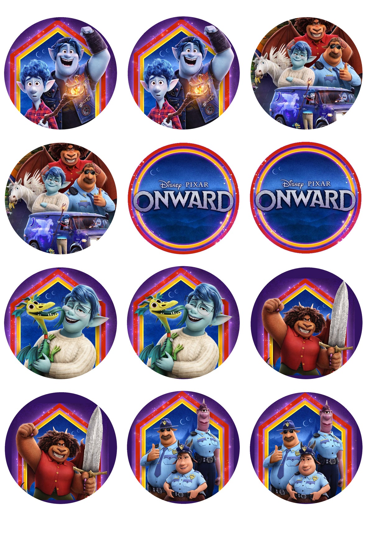 Disney Pixar Onward Ian Lightfoot Barley Lightfoot Police Officers Colt Bronco Specter Edible Cupcake Topper Images ABPID51049