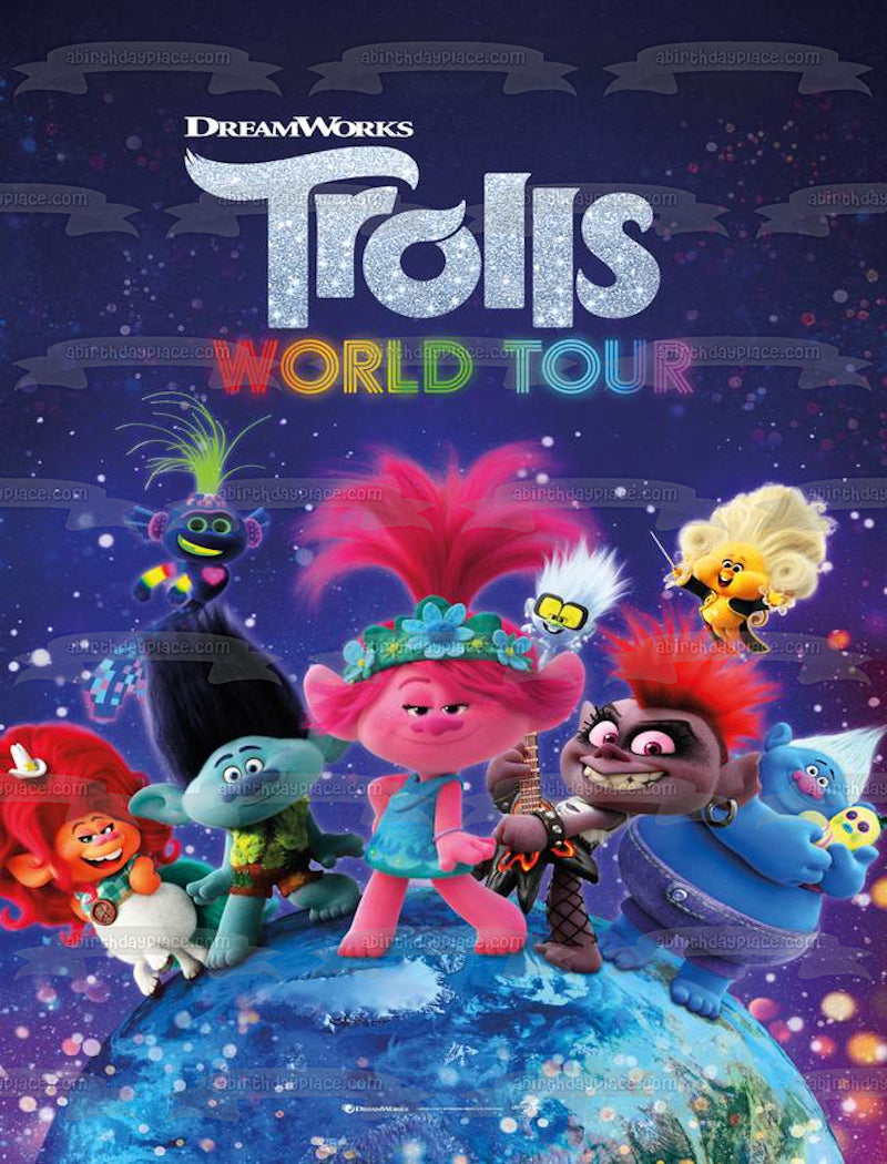 DreamWorks Trolls World Tour Póster de la película Poppy Branch Thrash Queen Essence Queen Barb King Trollex Imagen comestible para decoración de tartas ABPID51063 