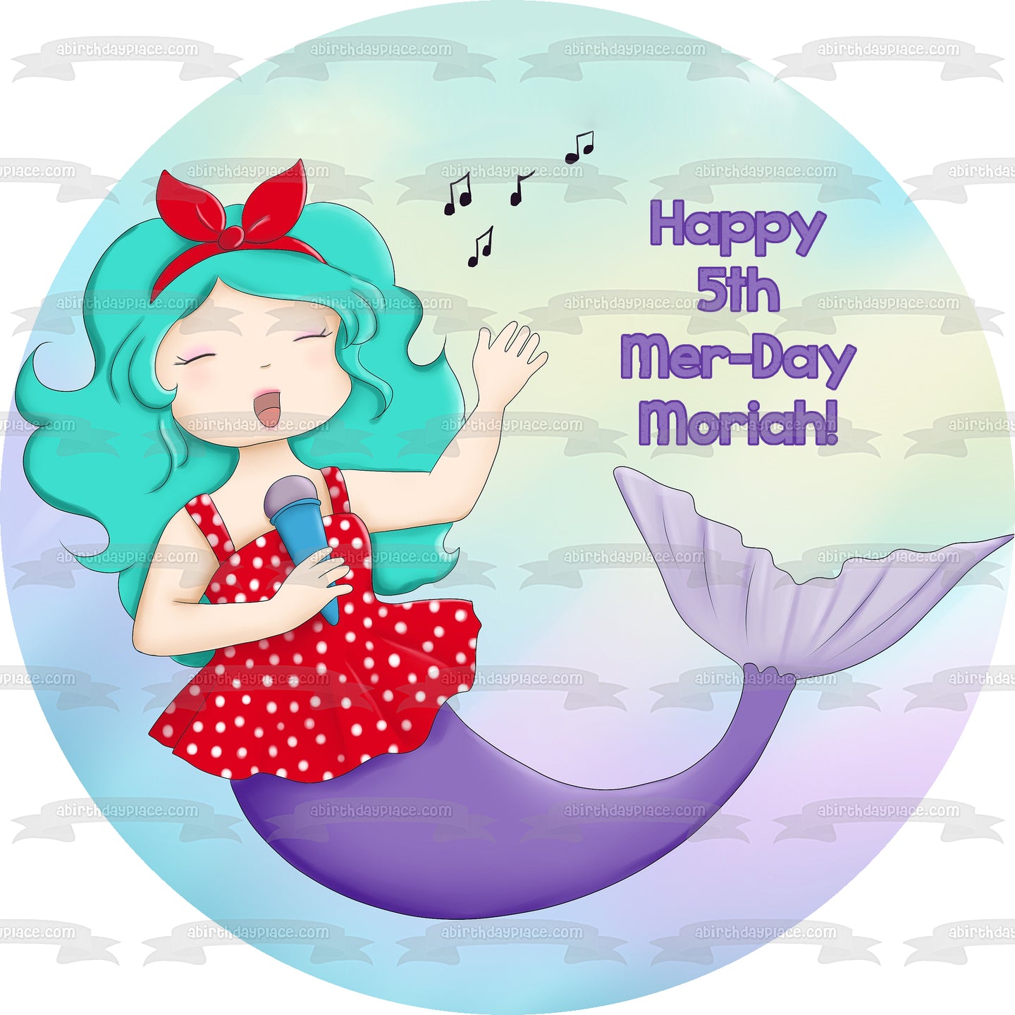 Sirena cantando feliz 5º cumpleaños del día de Mer, nombre personalizado, decoración comestible para tarta, imagen ABPID51077 