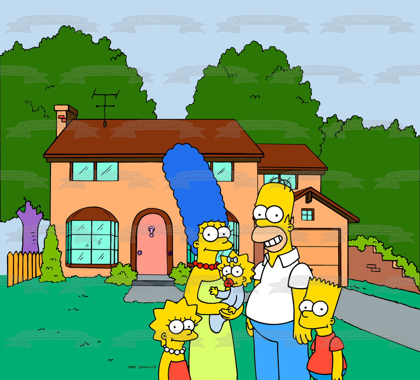 Imagen de decoración comestible para tarta de Los Simpson, Bart, Lisa, Maggie, Marge, Homer House, ABPID51100 