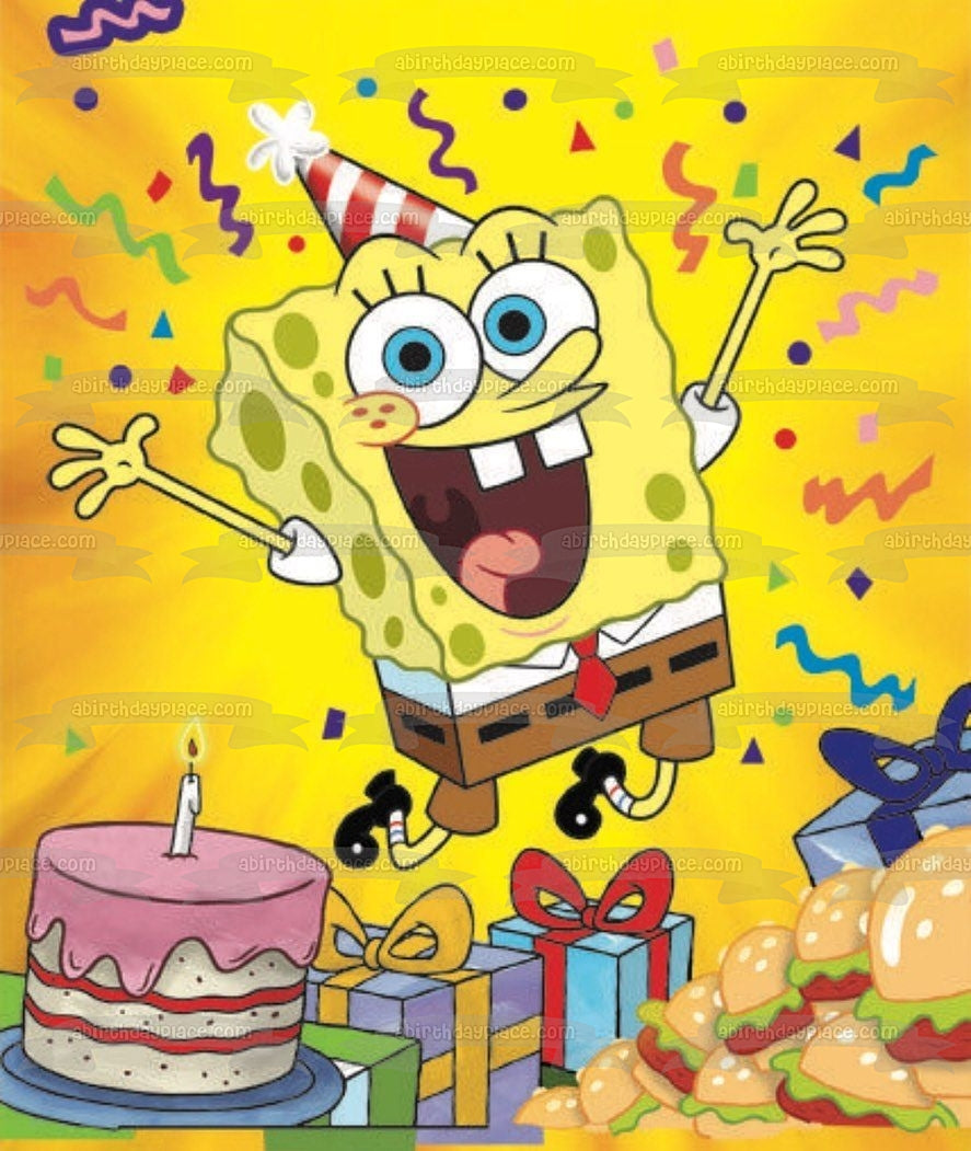 Pastel de feliz cumpleaños de Bob Esponja presenta hamburguesas de cangrejo, decoración comestible para tarta, imagen ABPID51127 