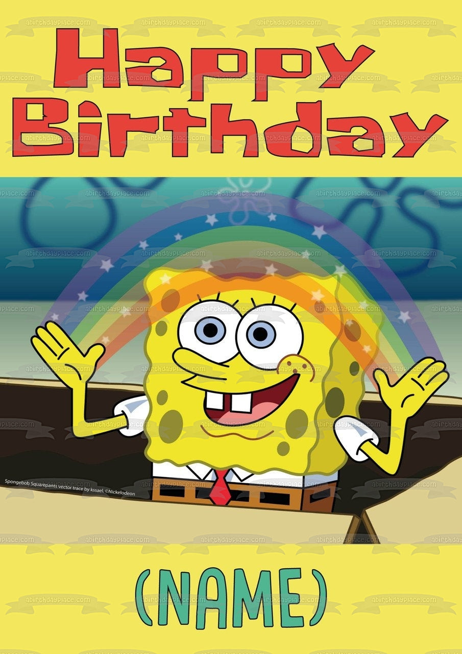 SpongeBob SquarePants Rainbow Happy Birthday Add Personalized Name Edible Cake Topper Image ABPID51134