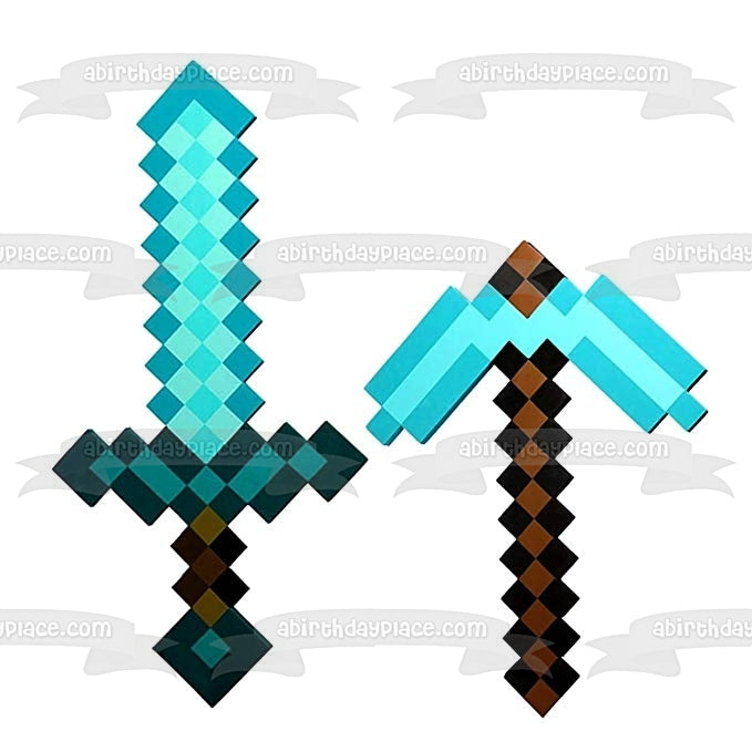 Minecraft Blue Diamond Sword and Pick Axe Edible Cake Topper Image ABPID51173