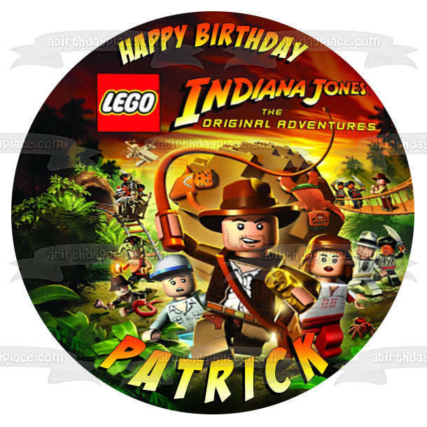 LEGO Indiana Jones la aventura original Feliz cumpleaños Mola Ram Satipo Jock Marion Nombre personalizado Edible Cake Topper Imagen ABPID51203 