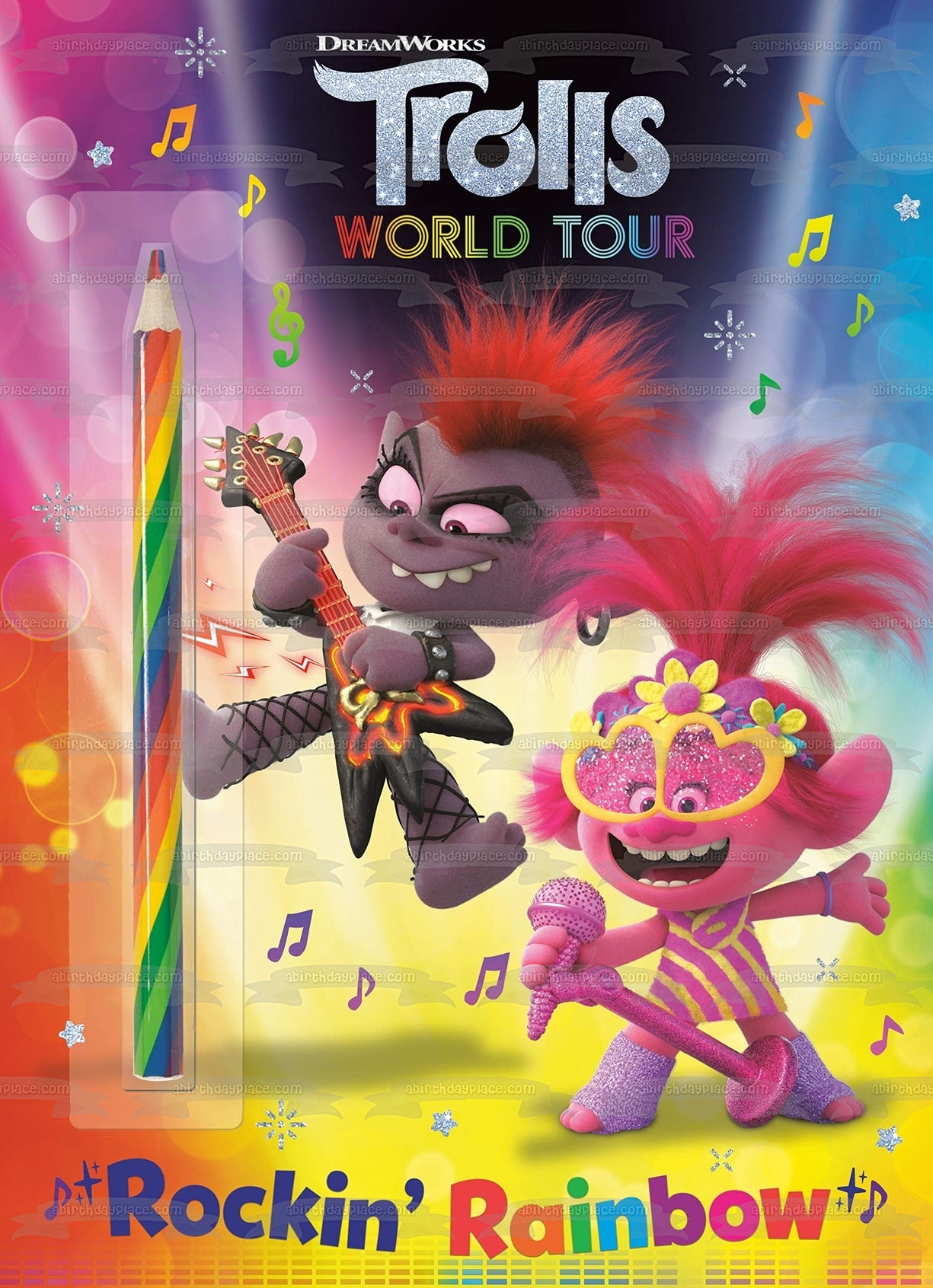 Trolls World Tour Rockin' Rainbow Poppy Singing Queen Barb tocando la guitarra decoración comestible para tarta imagen ABPID51240 