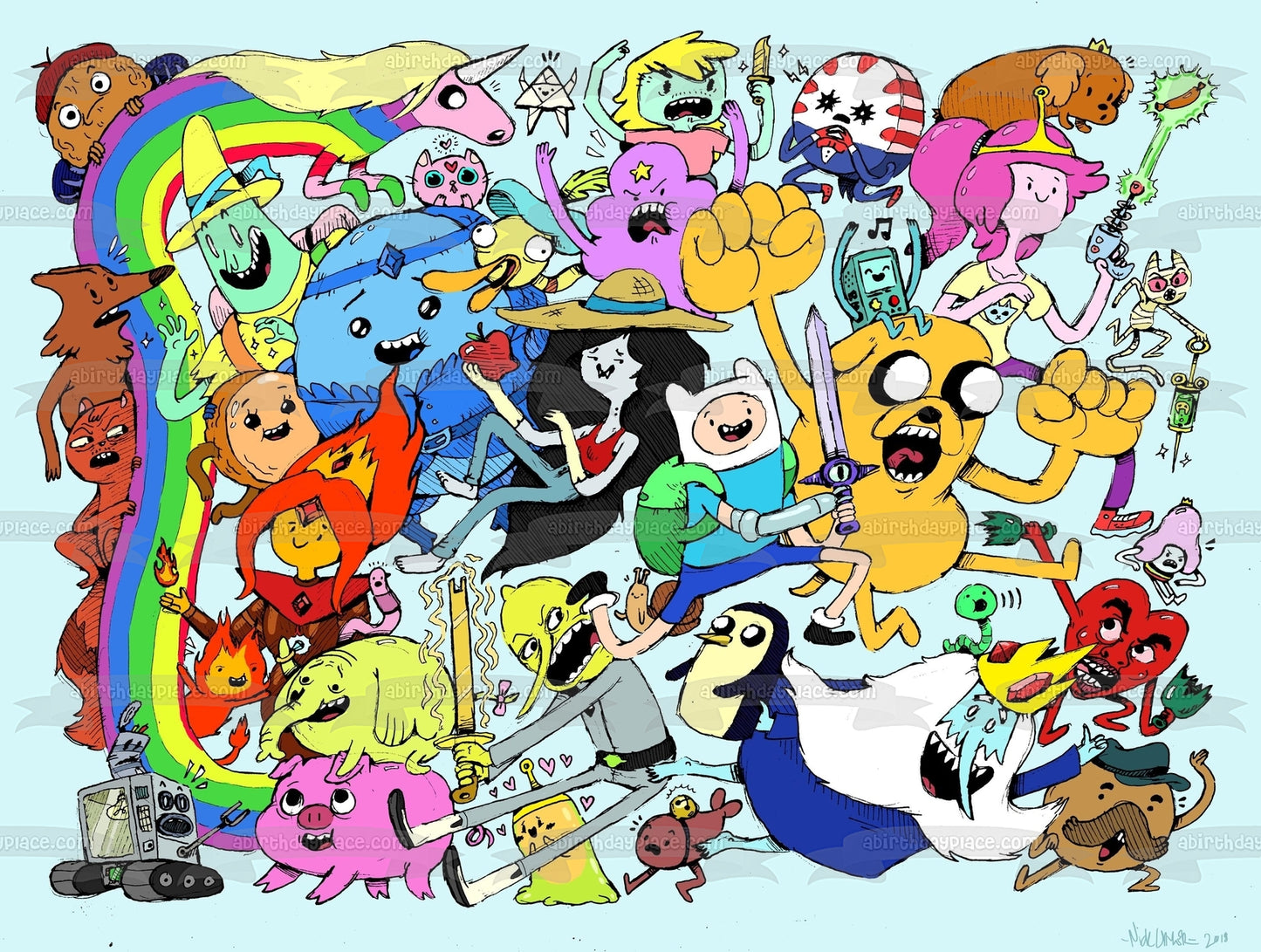 Adventure Time Finn Jake Princess Bubblegum Marceline the Vampire BMO Ice King Flame Princess Lumpy Space Princess Earl of Lemongrab Lady Rainicorn Peppermint Butler Flame King Edible Cake Topper Image ABPID51294