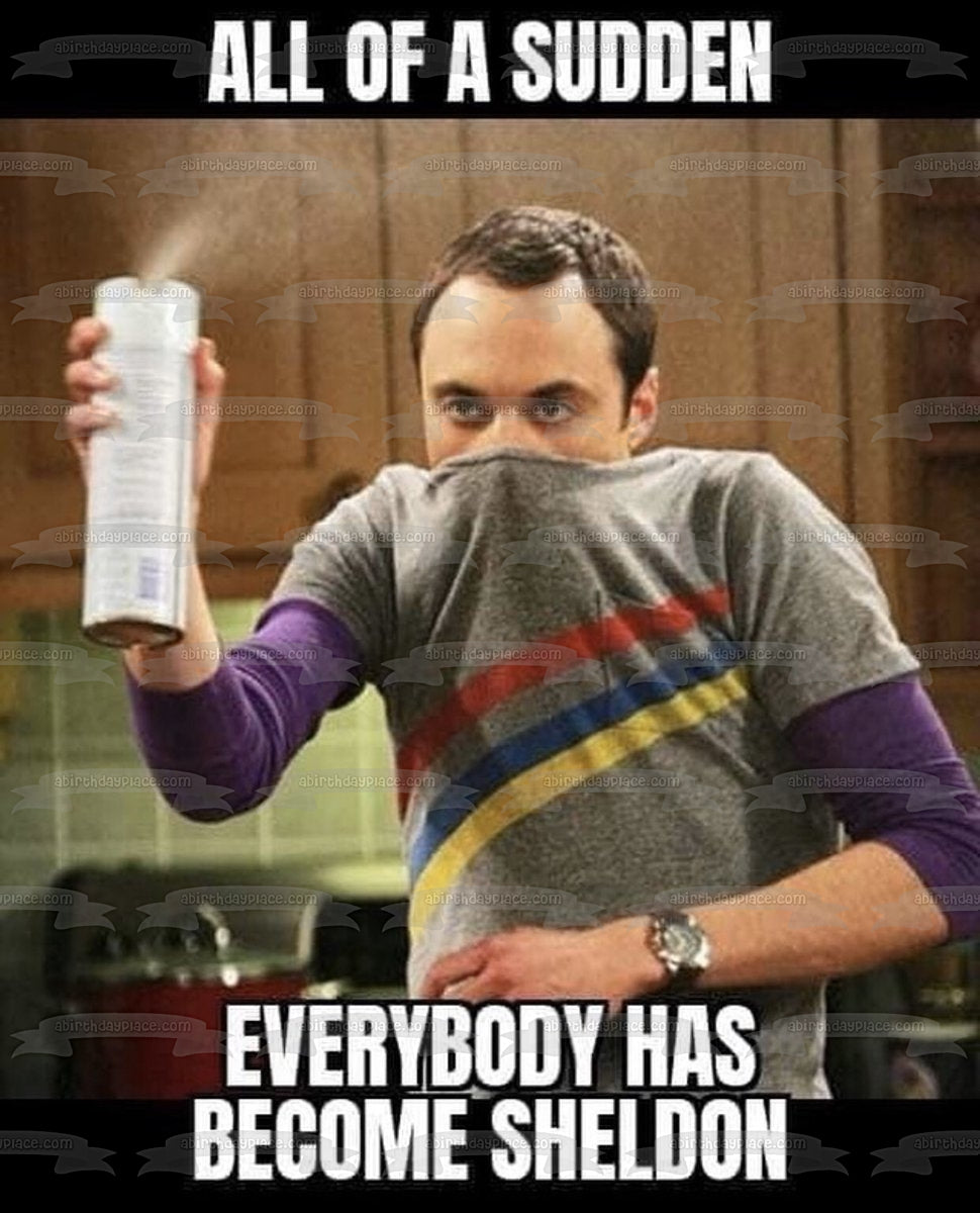 Coronavirus Meme The Big Bang Theory Sheldon Cooper rociando Lysol comestible Cake Topper Imagen ABPID51491 