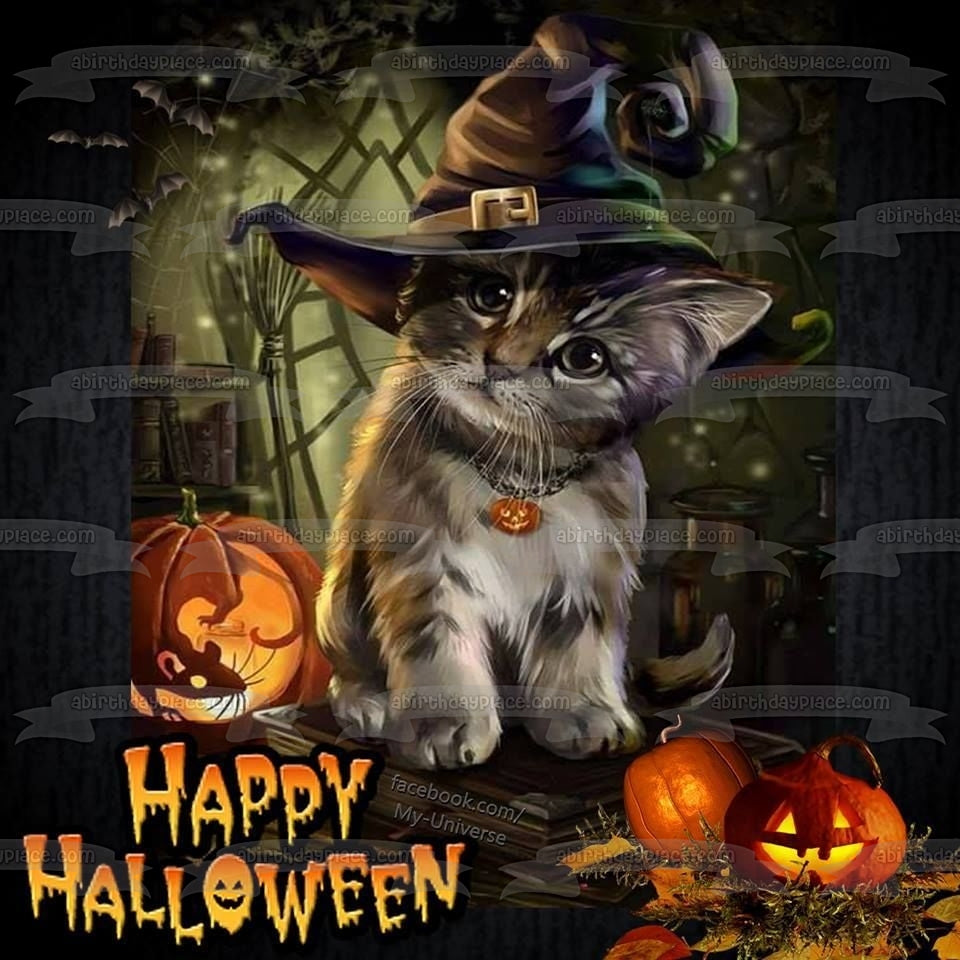 Feliz Halloween Gato con sombrero de bruja Jack-O-Lanterns Imagen comestible para decoración de tarta ABPID52681 