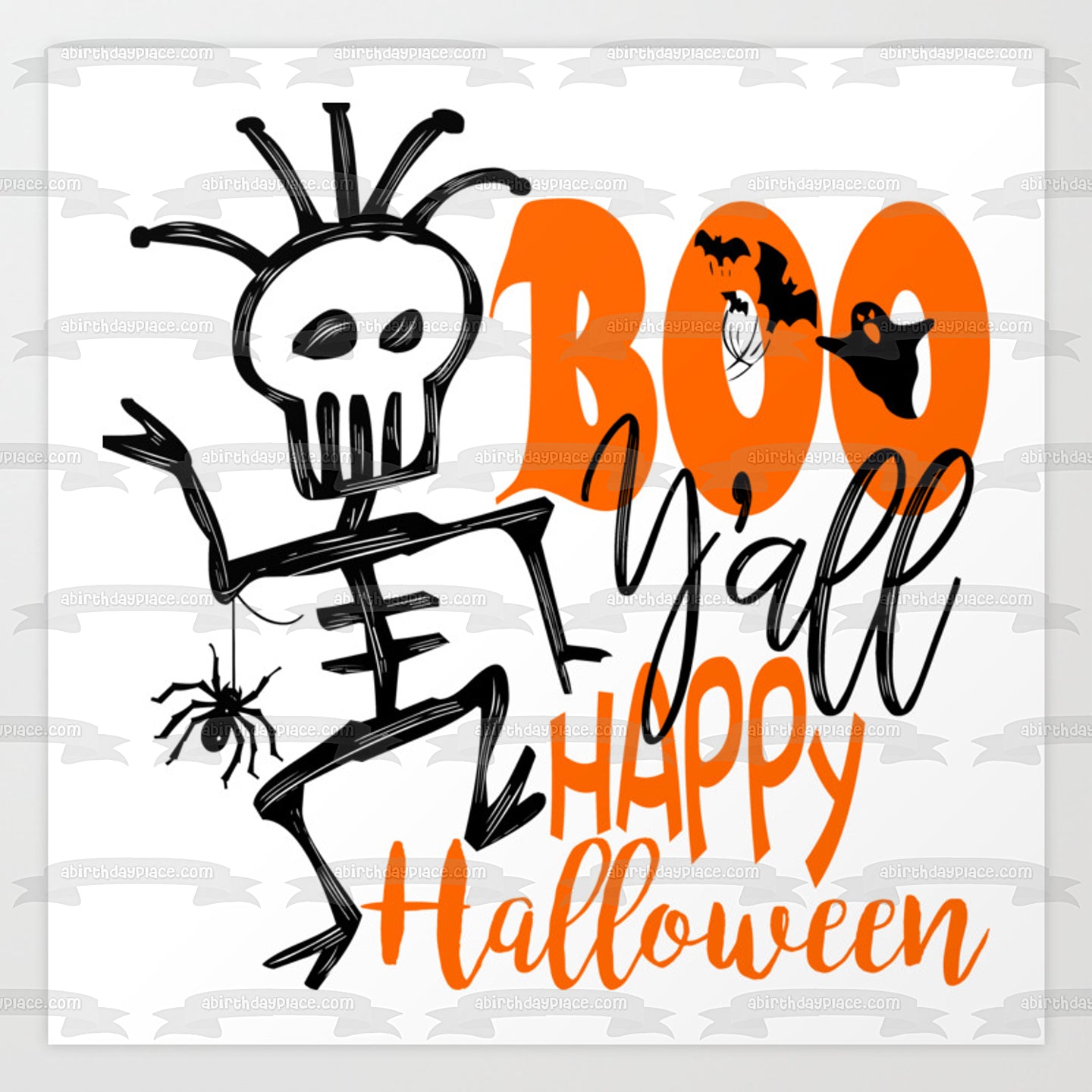 Boo Ya'll Happy Halloween Esqueleto Araña Fantasmas Murciélagos Decoración comestible para tarta Imagen ABPID52690 