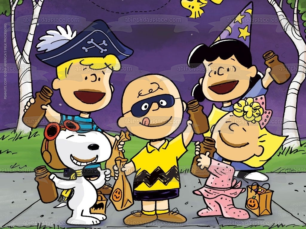 Peanuts Happy Halloween Trick or Treat Charlie Brown Snoopy Linus Lucy Sally Costumes Edible Cake Topper Image ABPID52694