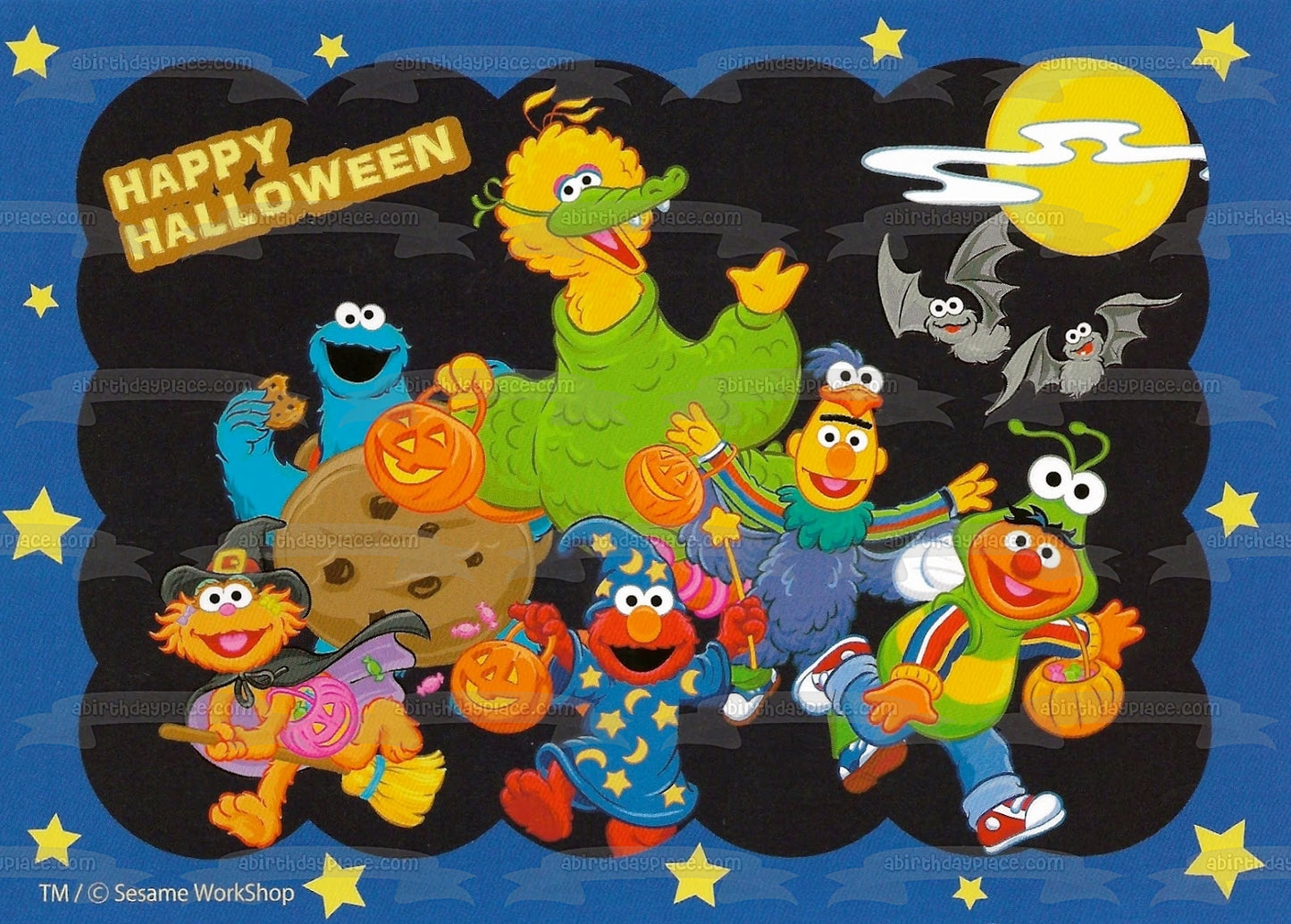 Barrio Sésamo Feliz Halloween Truco o trato Big Bird Monstruo de las galletas Elmo Bert Ernie Disfraces de Halloween Jack-O-Lanterns Adorno comestible para tarta Imagen ABPID52700 