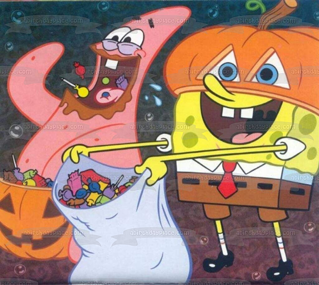 Bob Esponja Pantalones Cuadrados Feliz Halloween Truco o Trato Disfraces de Patricio Caramelo Adorno comestible para tarta Imagen ABPID52704 