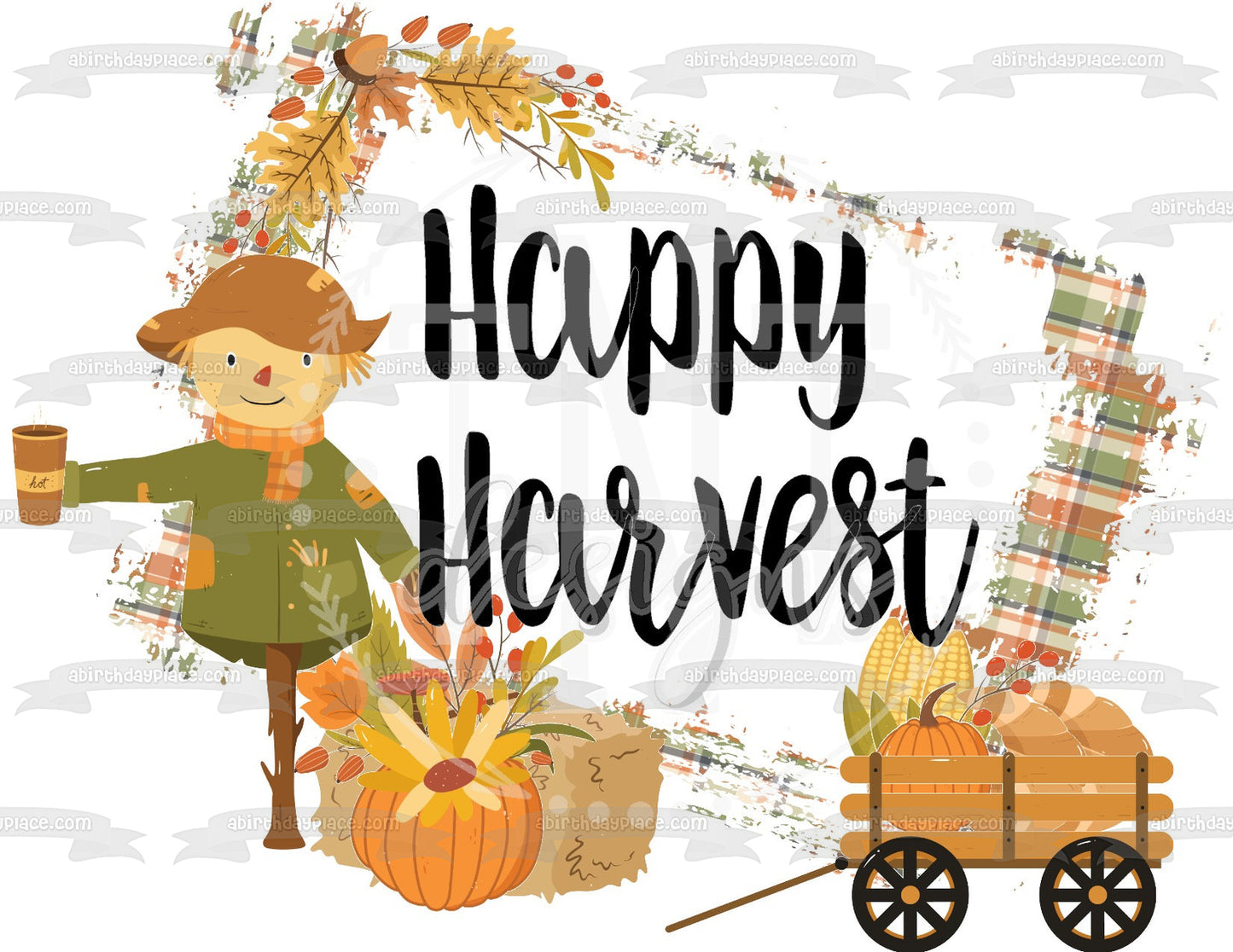 Happy Harvest Pumpkins Scarecrow Corn Cobs Edible Cake Topper Image ABPID52709