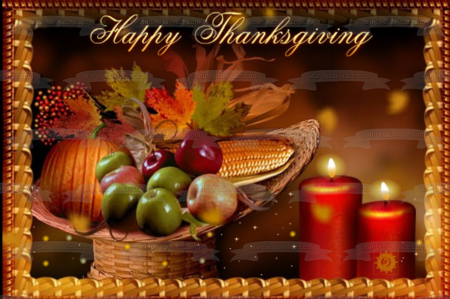 Happy Thanksgiving Pumpkin Apples Fall Colored Leaves Candles Corn Cobs Edible Cake Topper Image ABPID52717