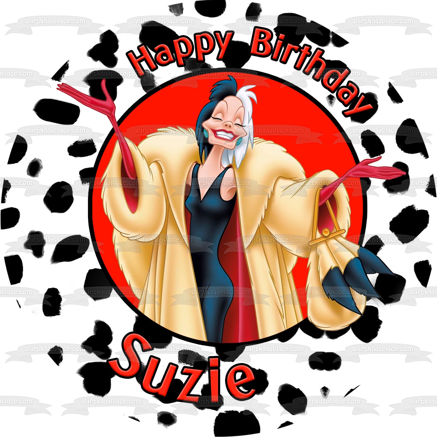 Disney 101 Dálmatas Cruella De Ville Feliz Cumpleaños Tu Nombre Personalizado Edible Cake Topper Imagen ABPID52851 