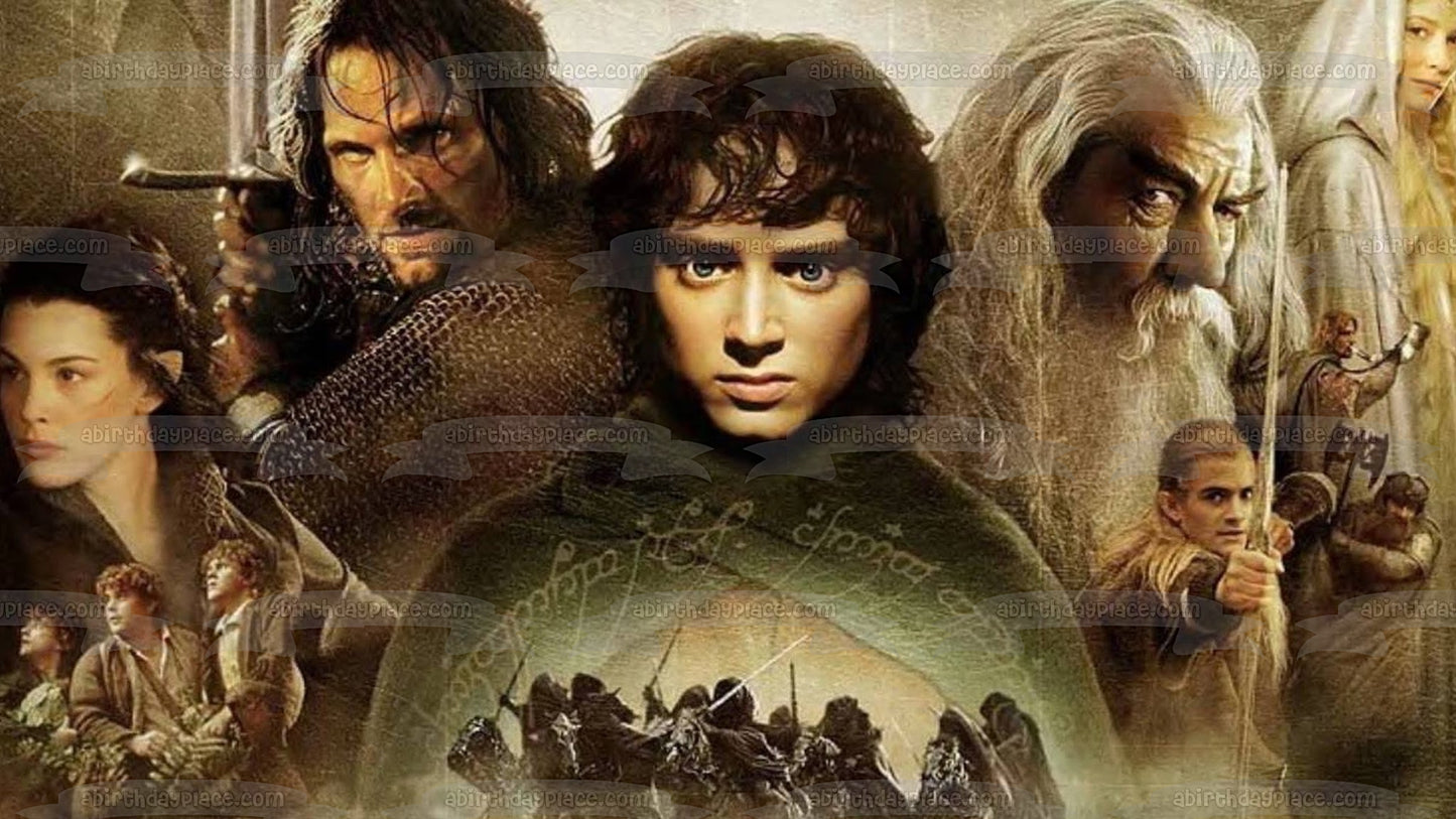 El Señor de los Anillos Póster del reparto principal Película de fantasía Frodo Baggins Gandalf Arwen Legolas Aragorn Imagen comestible para tarta ABPID52863 