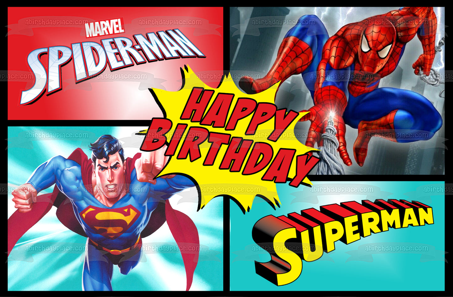 Marvel DC Superman Spider-Man Comic Super Hero Happy Birthday Edible Cake Topper Image ABPID52902