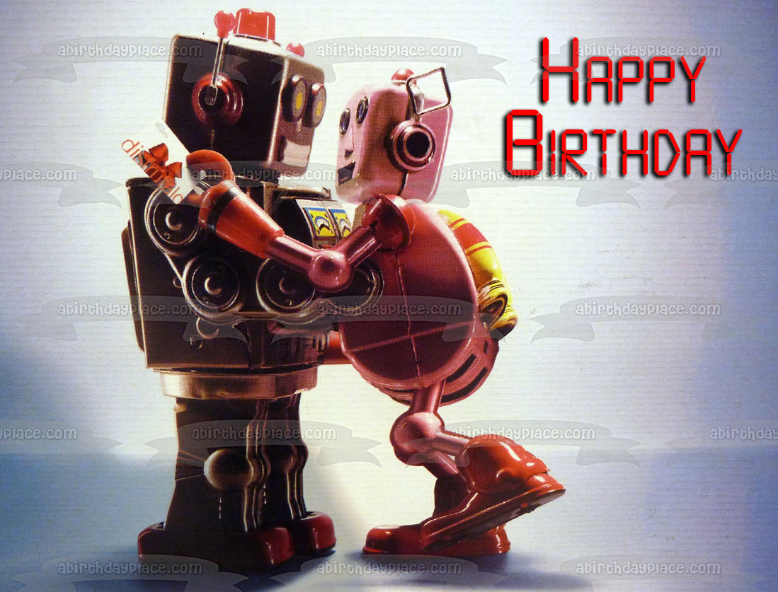 Robots de juguete enamorados bailando feliz cumpleaños adorno comestible para tarta imagen ABPID52952 