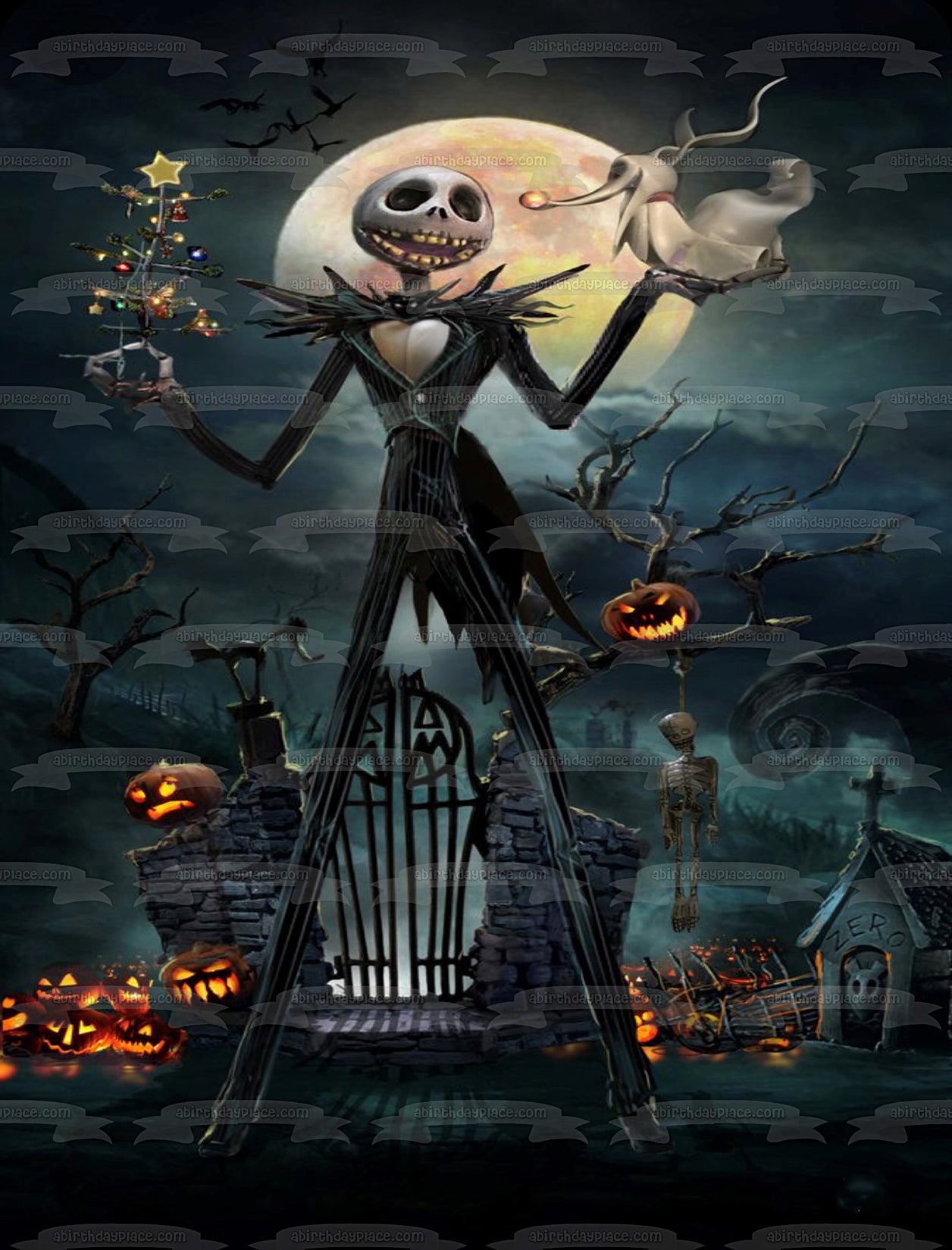 Pesadilla antes de Navidad Jack Skellington Árbol de Navidad Spooky Jack-O-Lanterns Adorno comestible para tarta Imagen ABPID53015 