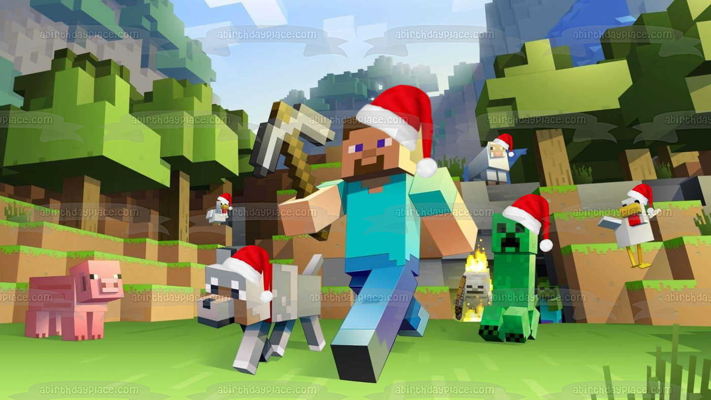 Minecraft Feliz Navidad Steve Creeper Cerdo Perro Papá Noel Sombreros Adorno comestible para tarta Imagen ABPID53047 