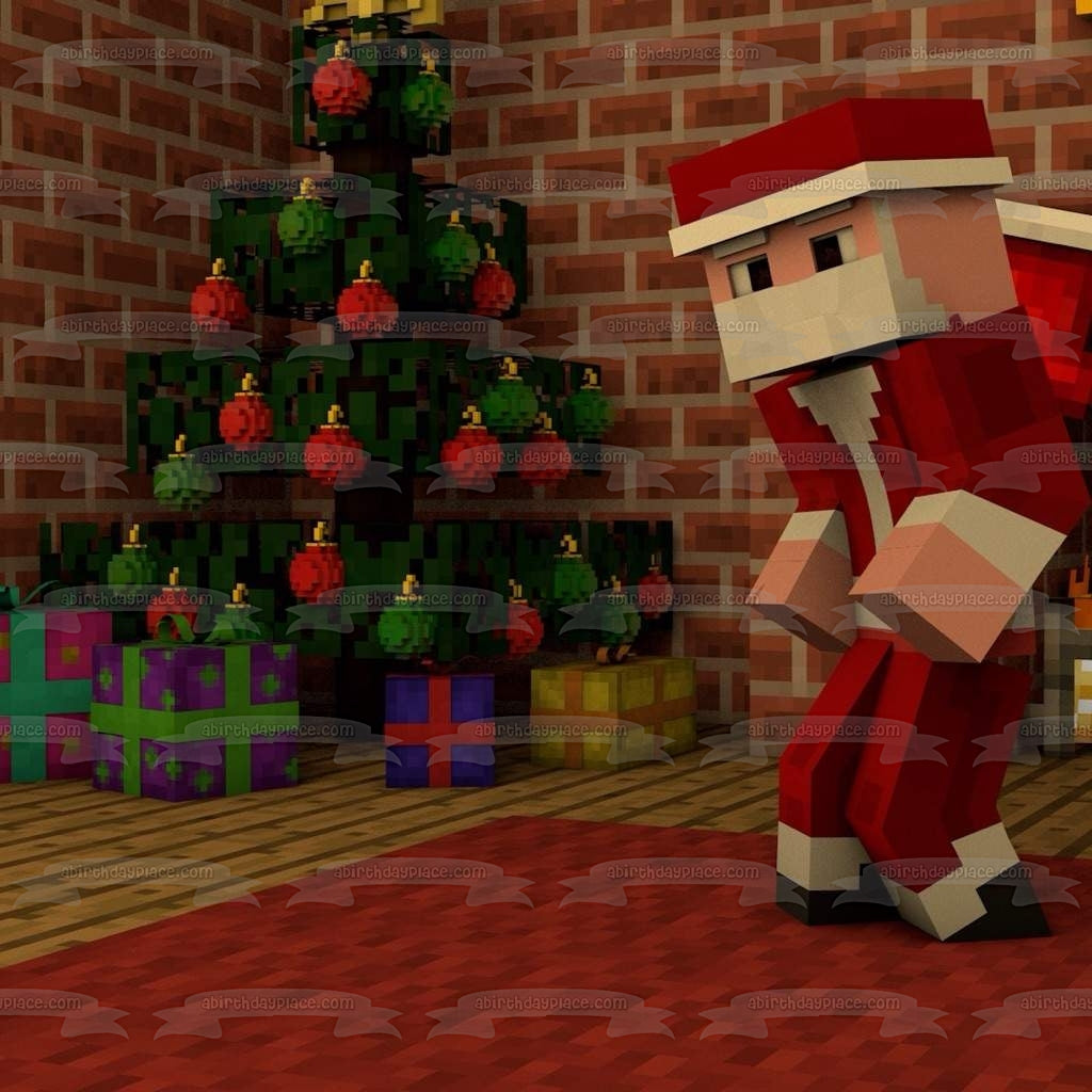 Minecraft Merry Christmas Minecraft Santa Claus Christmas Tree and Presents Edible Cake Topper Image ABPID53051